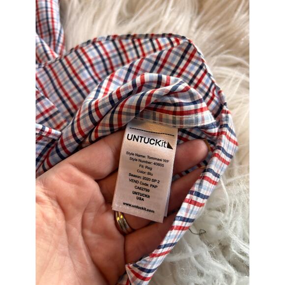 UNTUCKit Plaid Tommasi Wrinkle Free Regular Fit Button Down Shirt Red Blue Large - Picture 8 of 10